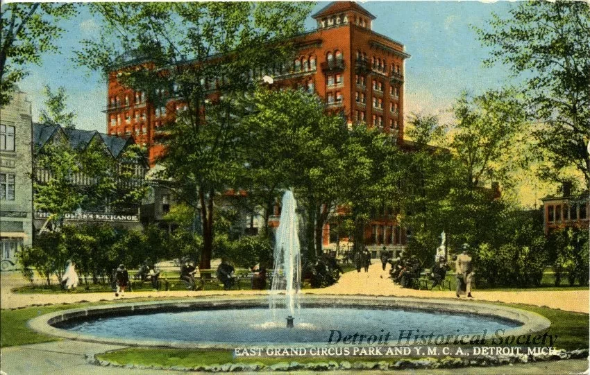Postcard - East Grand Circus Park and Y.M.C.A., Detroit, Mich.