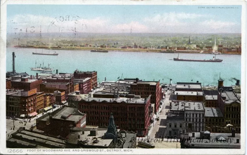 Postcard - Foot of Woodward Ave. and Griswold St., Detroit, Mich.