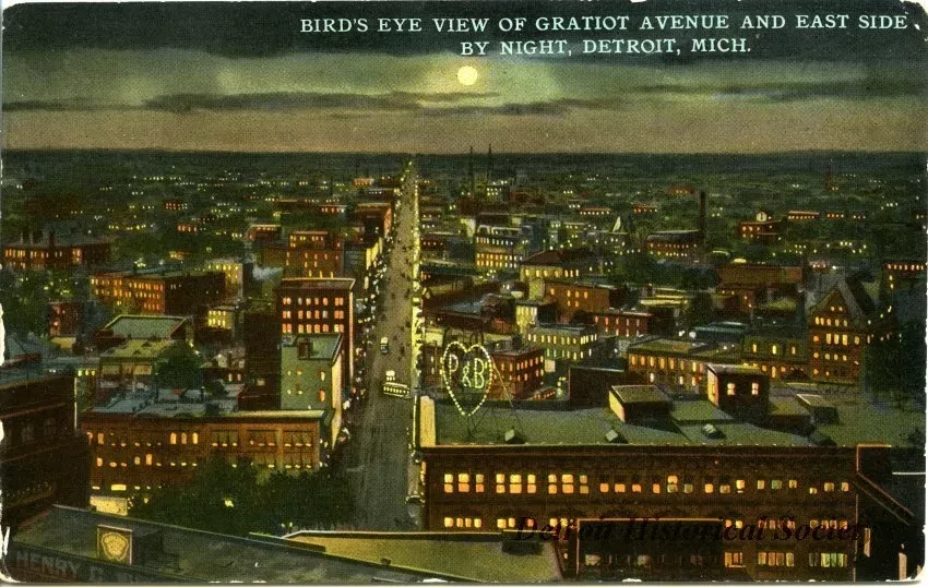 Postcard - Bird's Eye View of Gratiot Avenue and East Side by Night, Detroit, Mich.