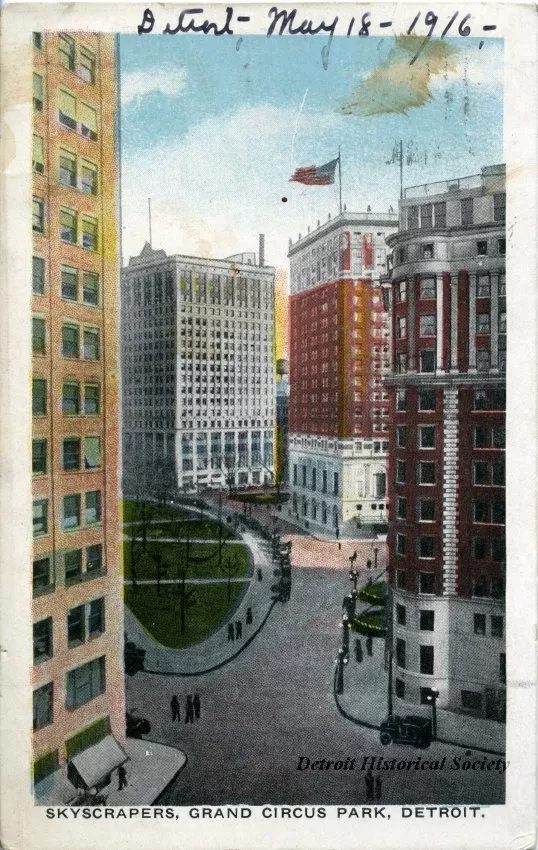 Postcard - Skyscrapers, Grand Circus Park, Detroit.