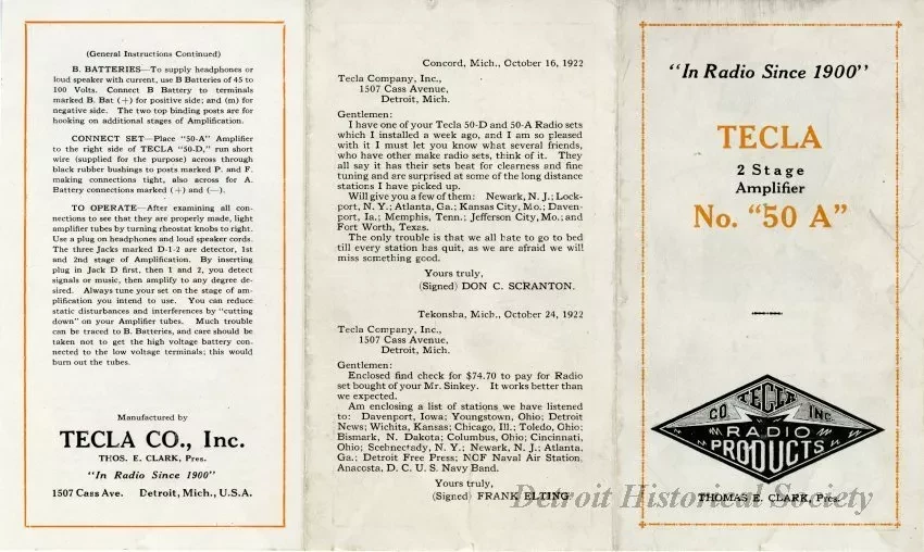 Brochure - Tecla 2 Stage Amplifier, No. "50 A"