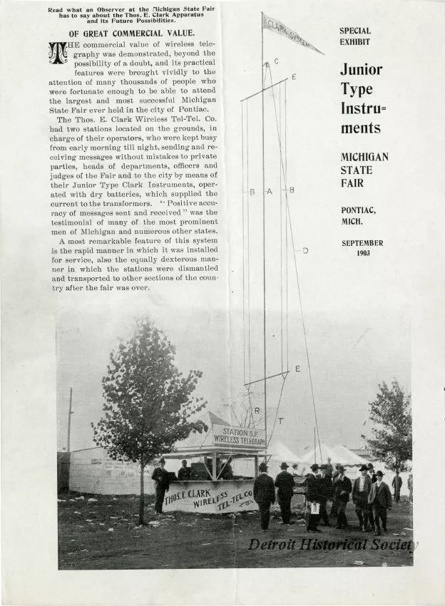 Handbill - Read what an observer at the Michigan State Fair has to say about the Thos. E. Clark. Apparatus and its Future Possibilities