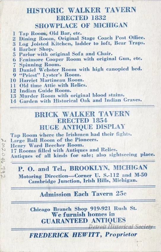 Postcard - Historic Walker Taverns, Cambridge Jct., Brooklyn, Mich.
Situated at Gateway to Irish Hills, Cor. U. S. 112 and M 50
