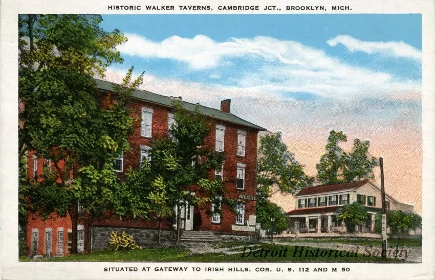 Postcard - Historic Walker Taverns, Cambridge Jct., Brooklyn, Mich.
Situated at Gateway to Irish Hills, Cor. U. S. 112 and M 50