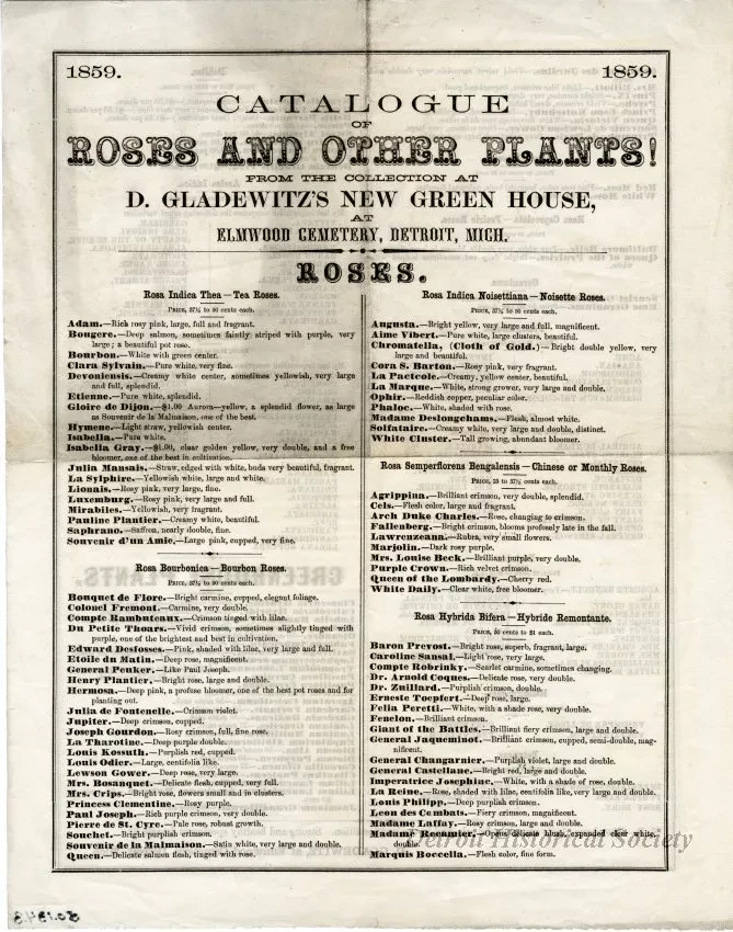 Catalog - Catalogue of Roses and Other Plants! From the Collection at D. Gladewitz's New Green House at Elmwood Cemetery, Detroit, Mich.