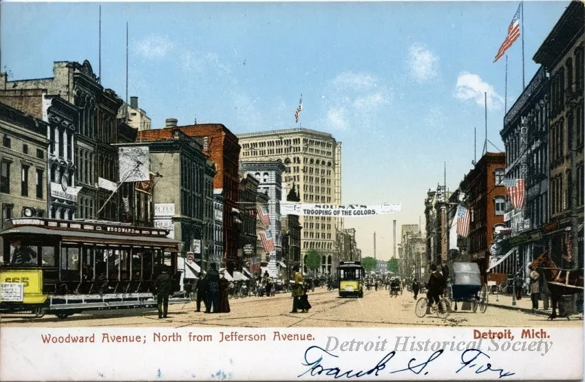 Postcard - Woodward Avenue; North from Jefferson Avenue. Detroit, Mich.