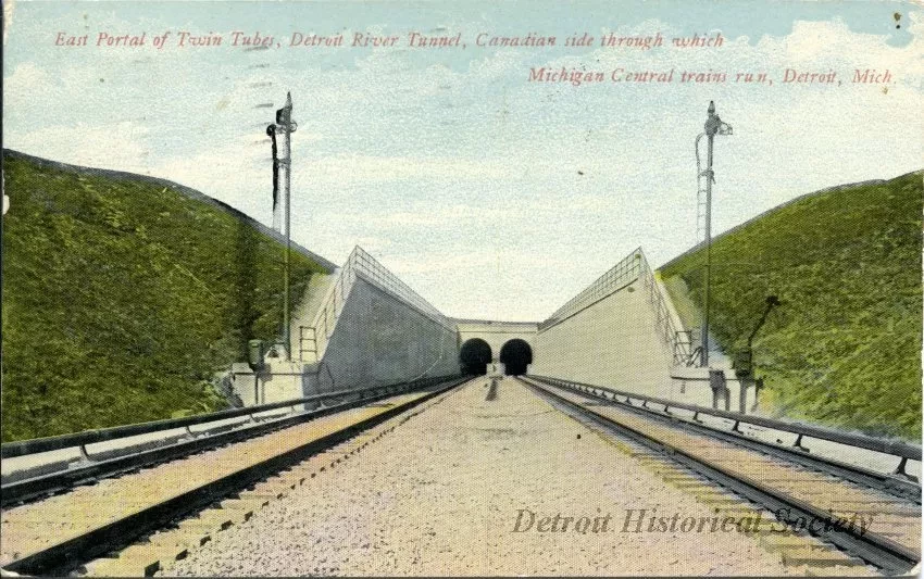Postcard - East Portal of Twin Tubes, Detroit, River Tunnel, Canadian Side, through which Michigan Central trains run, Detroit, Mich.