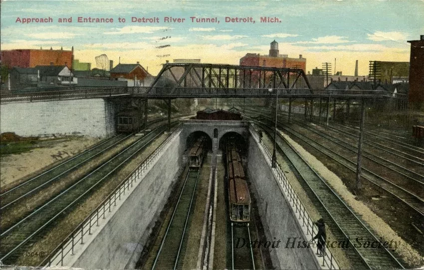 Postcard - Approach and Entrance to Detroit River Tunnel, Detroit, Mich.