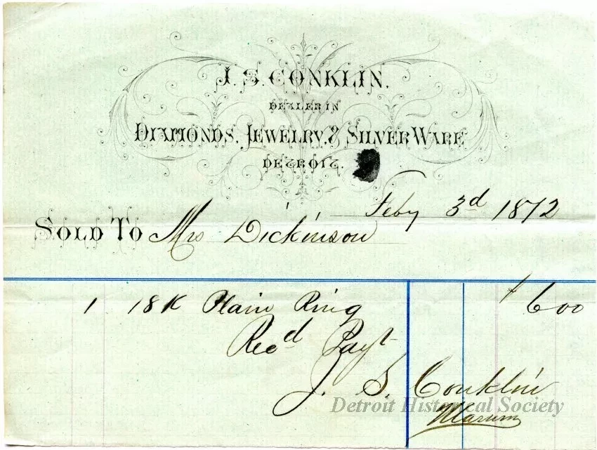 Bill-of-sale - J. S. Conklin, 
Dealer in Diamonds, Jewelry & Silverware