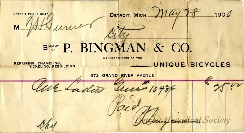 Receipt - P. Bingman & Co.
Unique Bicycles