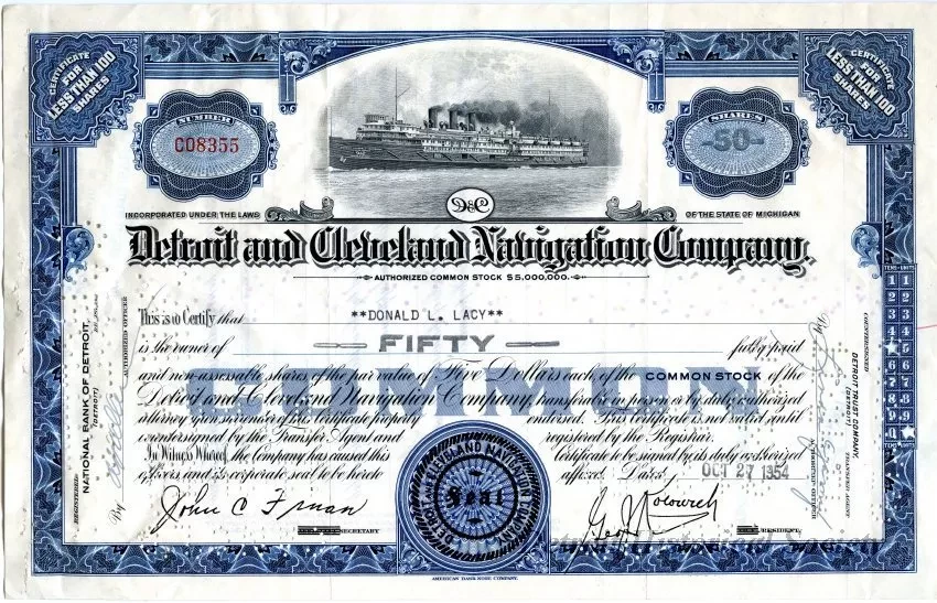 Certificate, Stock - Detroit and Cleveland Navigation Company