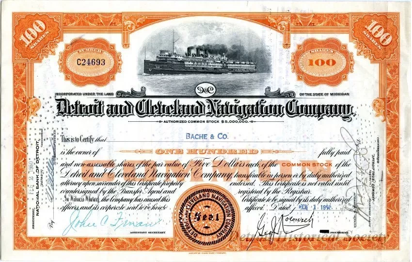 Certificate, Stock - Detroit and Cleveland Navigation Company