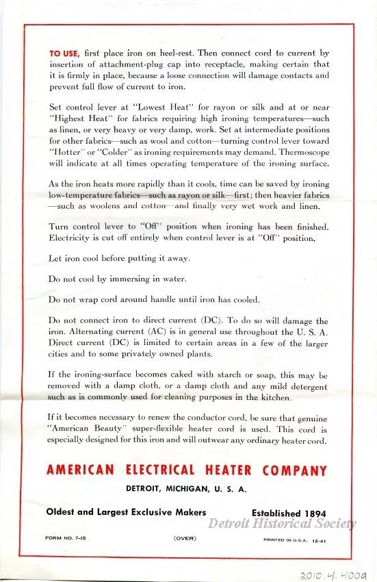 Brochure - a. American Beauty Adjustable-Automatic Electric Iron
b. American Beauty Cord-Support