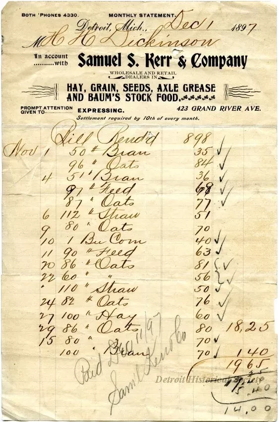 Invoice - Samuel S. Kerr & Company 
Monthly Statement