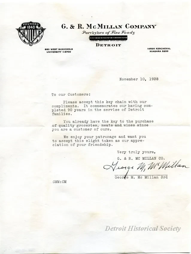 Letter - G. & R. McMillan Company, 
Purveyors of Fine Foods