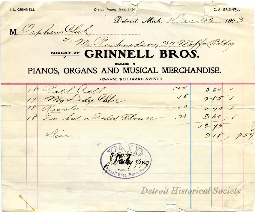Invoice - Grinnell Bros.