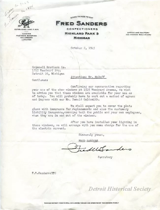 Letter - Fred W. Sanders Confectioners
(letter to Grinnell Brothers)