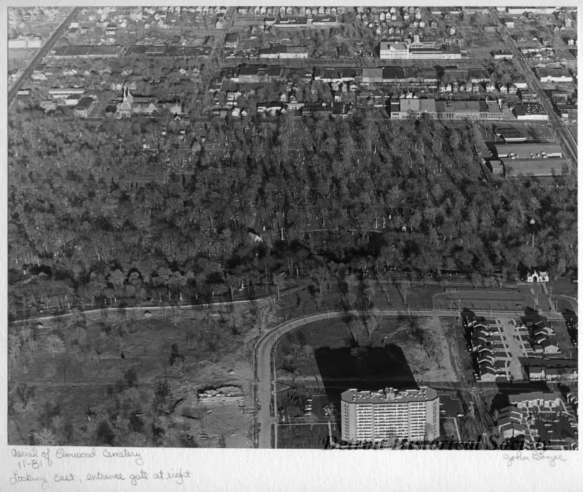 Print, Photographic - Aerial of Elmwood Cemtery Looking East, Entrance Gate at Right
