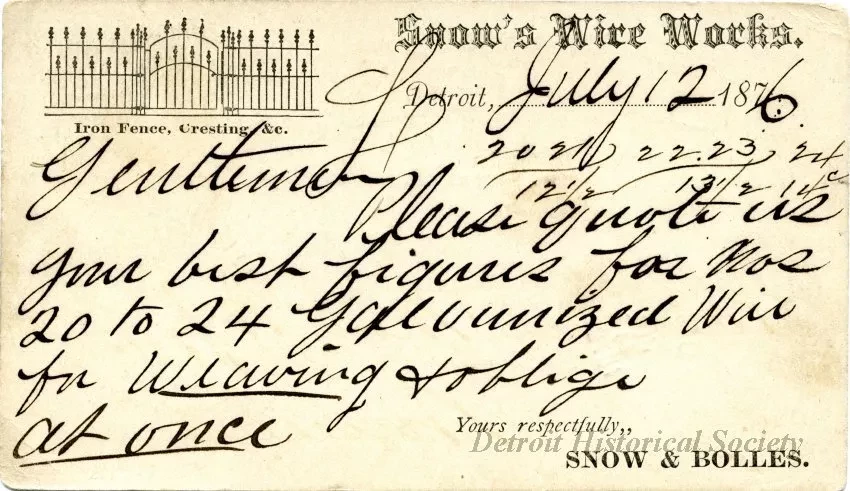 Postcard - Snow's Wire Work
(Snow & Bolles)