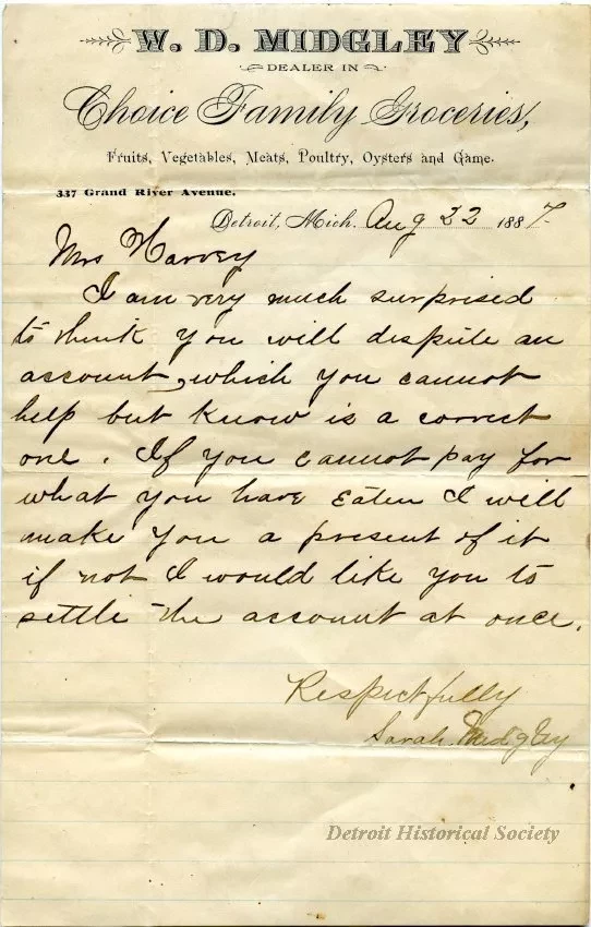 Letter - W. D. Midgley,
Dealer in Choice Family Groceries