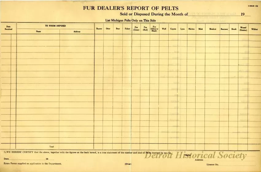 Paper, Form - Fur Dealer's Report of Pelts