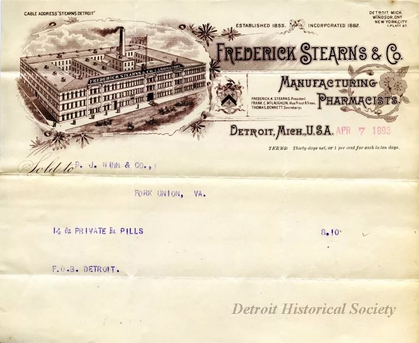 Invoice - Frederick Stearns & Company Manufacturing Pharmacists