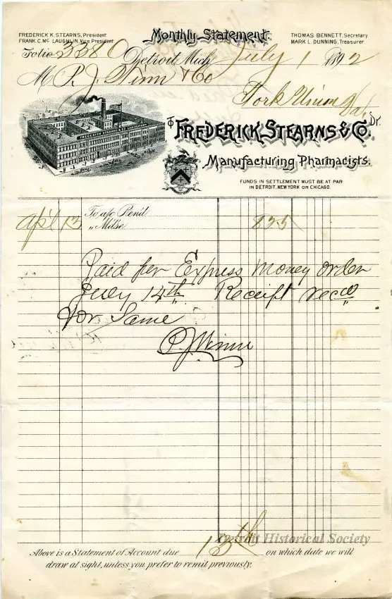 Statement, Monthly - Frederick Stearns & Co. Manufacturing Pharmacists