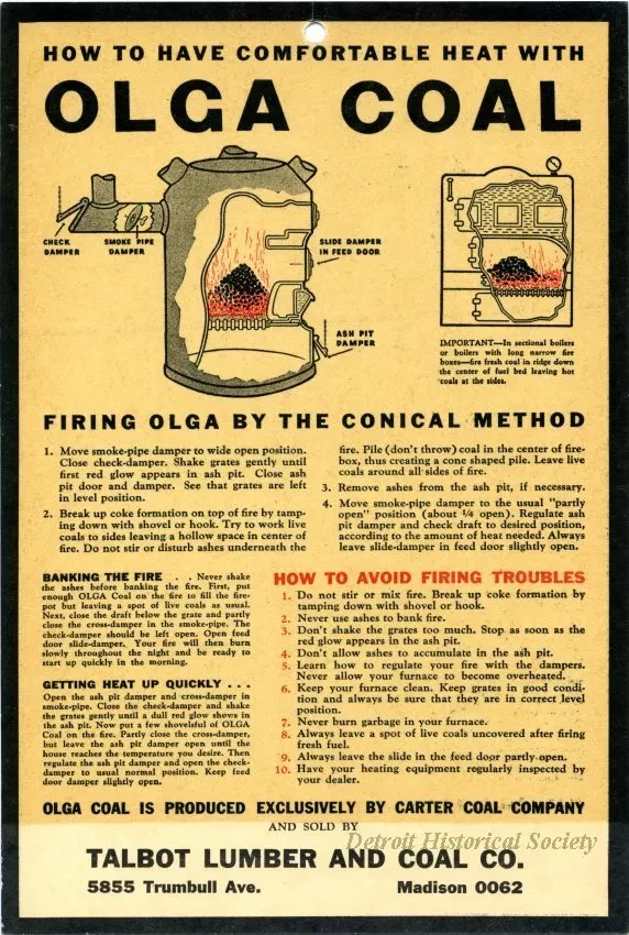 Card, Instruction - Talbot Lumber and Coal Company