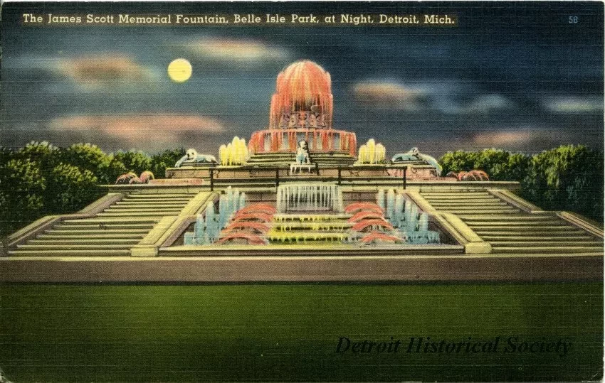 Postcard - The James Scott Memorial Fountain, Belle Isle Park, at Night, Detroit, Mich.