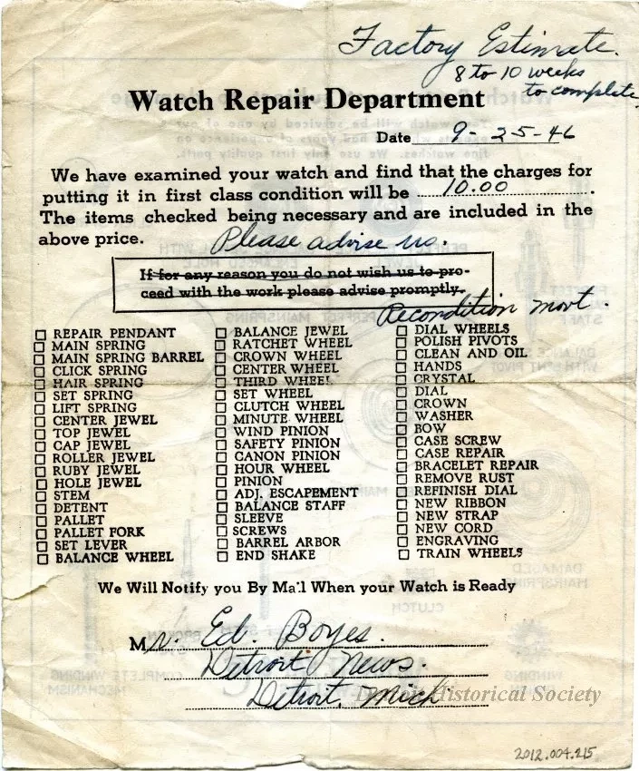 Receipt - Watch Repair Department
[Wright, Kay & Company]