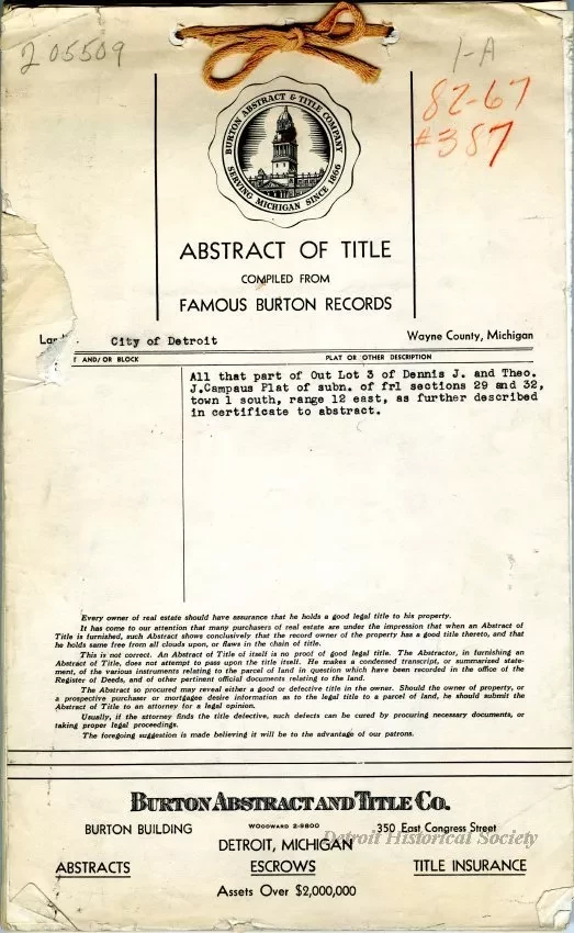 Title, Abstract - Abstract of Title,
Out Lot 3, Dennis J. and Theodore J. Campau Plat