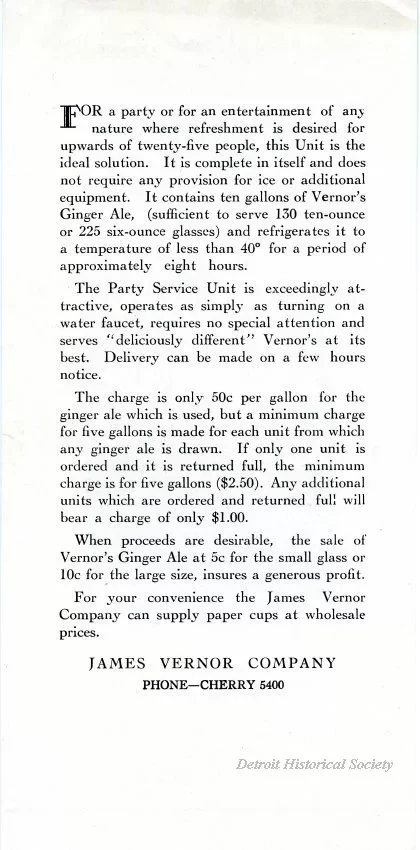 Advertisment - Vernor's Ginger Ale
Party Service Unit
