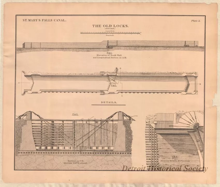 Lithograph - St. Mary's Falls Canal,
The Old Locks (1853-1855)