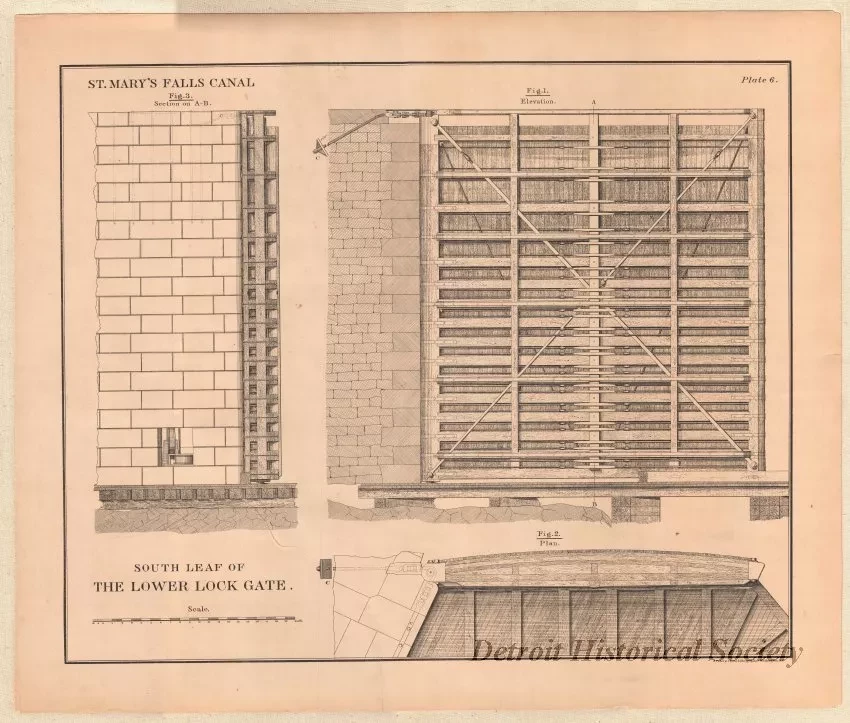 Lithograph - St. Mary's Falls Canal,
South Leaf of the Lower Lock Gate