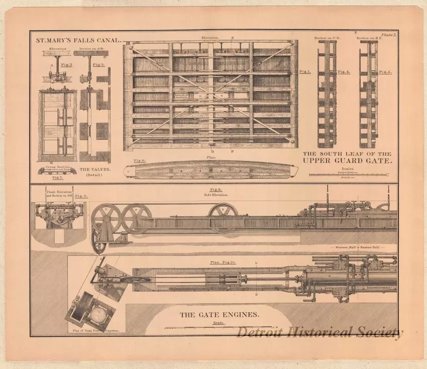 Lithograph - St. Mary's Falls Canal,
The South Leaf of the Upper Guard Gate.
The Gate Engines.