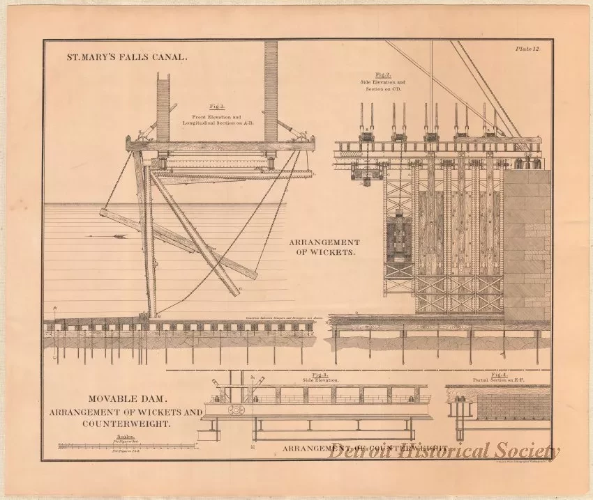 Lithograph - St. Mary's Falls Canal, 
Movable Dam.  Arrangement of Wickets and Counterweight.