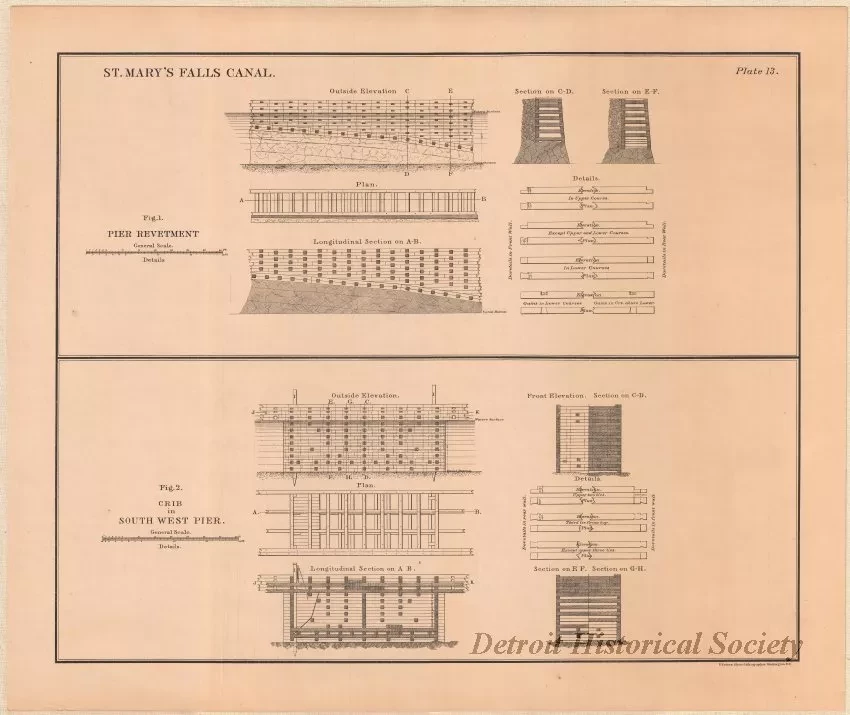 Lithograph - St. Mary's Falls Canal,
Figure 1, Pier Revetment.
Figure 2, Crib in South West Pier