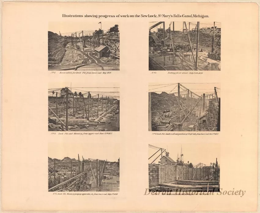 Lithograph - Illustrations Showing Progress of Work on the New Lock,
St. Mary's Falls Canal, Michigan.