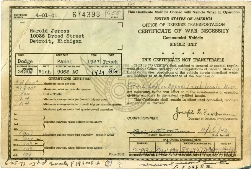 Certificate - Certificate of War Necessity
Commercial Vehicle
Single Unit