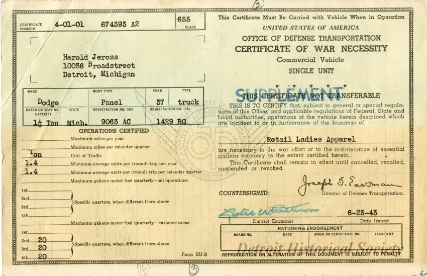 Certificate - Certificate of War Necessity
Commercial Vehicle
Single Unit
SUPPLEMENT