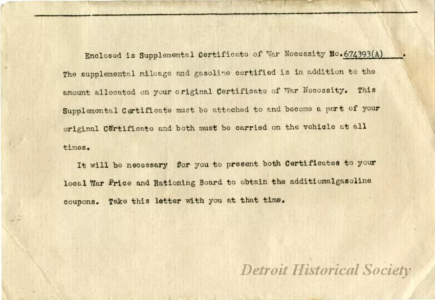 Letter - Supplemental Certificate of War Necessity