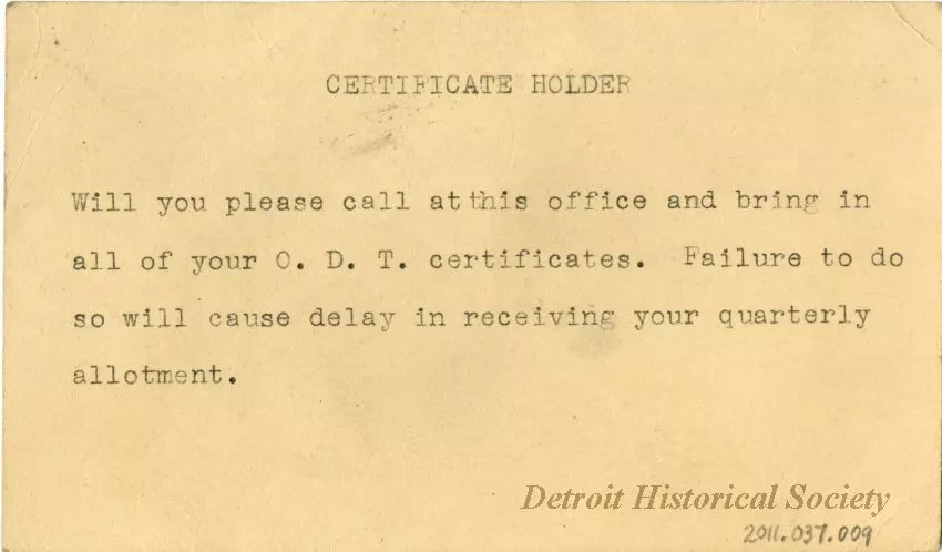Postcard - Office of Price Administration
Certificate Holder