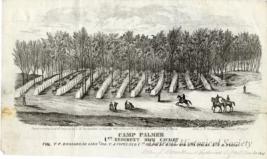 Lithograph - Camp Palmer, 1st Regiment Mich. Cavalry.