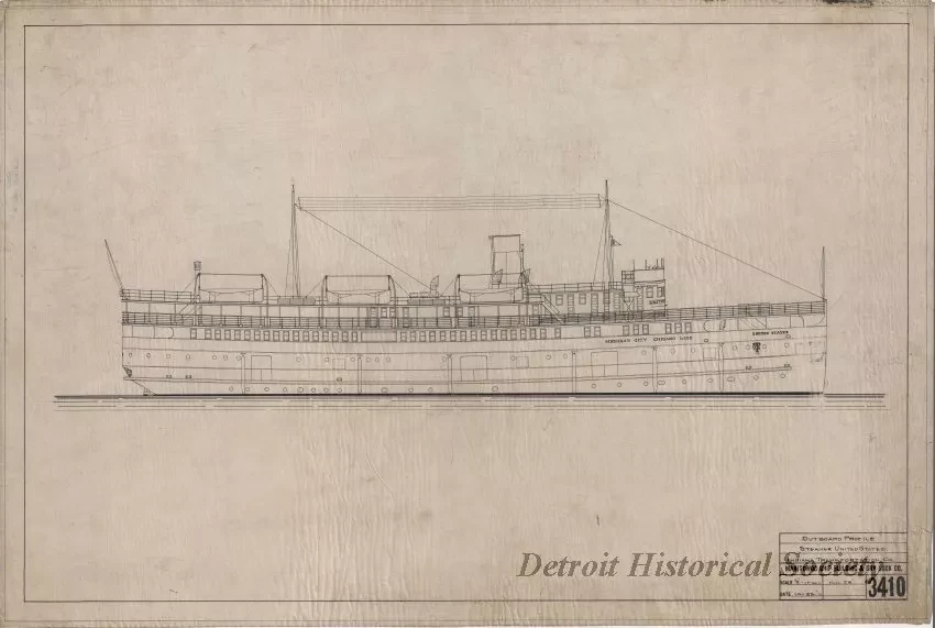 Drawing, Technical - Outboard Profile, Steamer United States,
Indiana Transportation Company
(Hull No. 28)