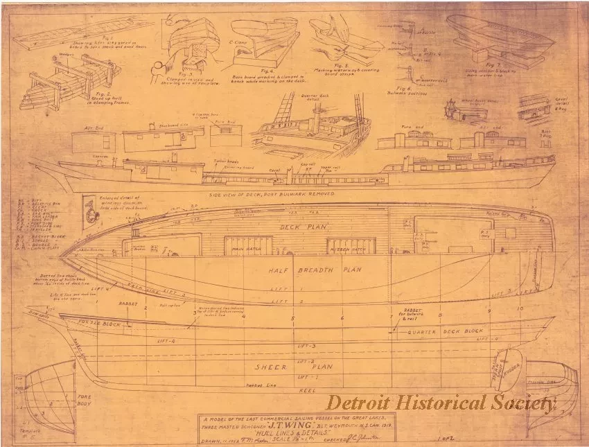 Blueprint - Three Masted Schooner, J. T. Wing,
Hull Lines & Details.