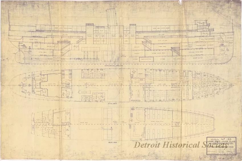 Blueprint - Hull No. 133,
Lower Decks Joiner Plans and Longitudinal Section
