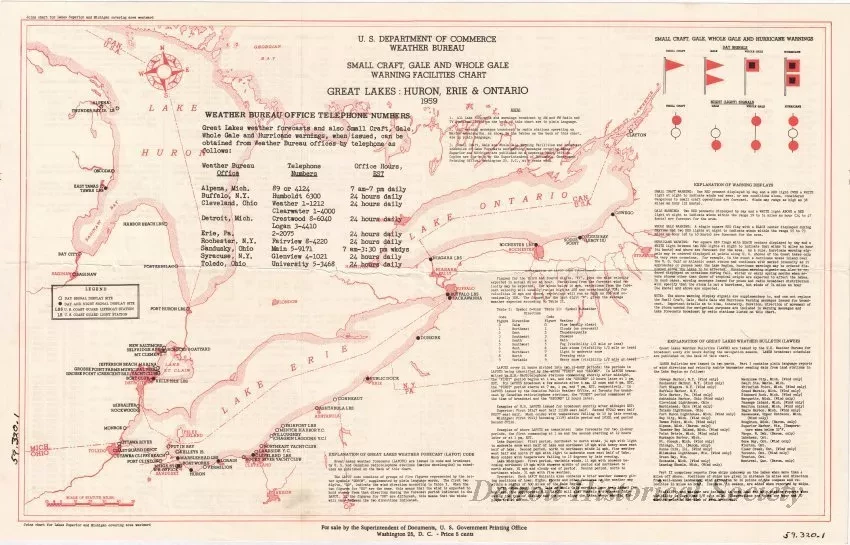 Chart, Informational - U. S. Department of Commerce, Weather Bureau
Small Craft, Gale, and Whole Gale Warning Facilities Chart
Great Lakes: Huron, Erie & Ontario, 1959