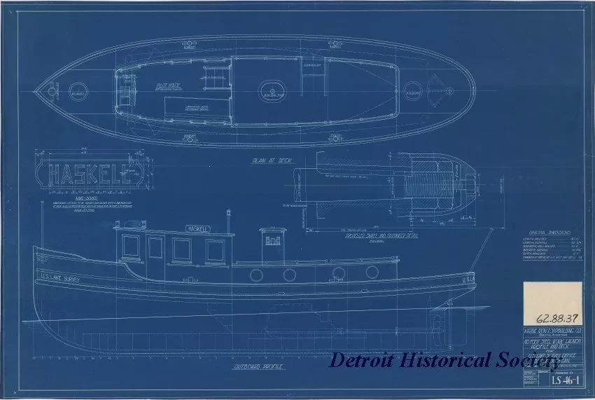 Blueprint - 40 Foot Steel Work Launch, 
Profile and Deck for U. S. Lake Survey Office,
Detroit, Michigan