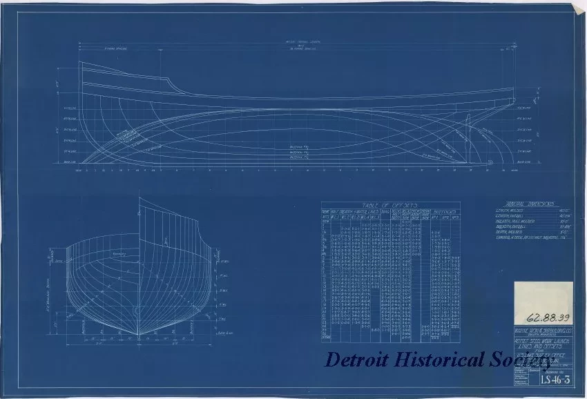 Blueprint - 40 Foot Steel Work Launch,
Lines and Offsets for
U. S. Lake Survey Office, Detroit, Michigan