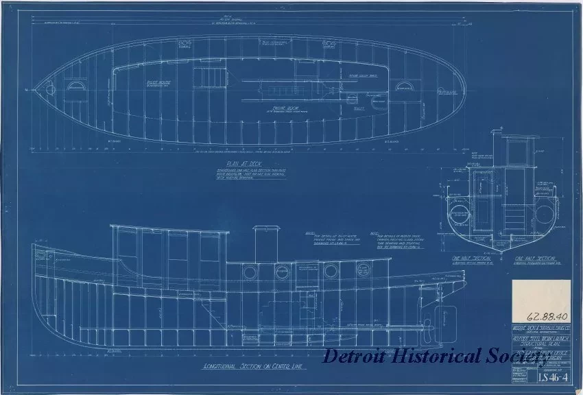 Blueprint - 40 Foot Steel Work Launch, 
Structural Plan for 
U. S. Lake Survey Office, Detroit, Michigan